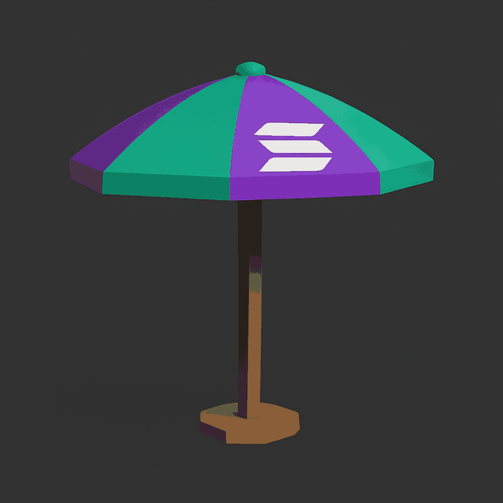 A cheap 3D-rendered beach parasol, teal and purple segmented canopy with a small Solana mark on one panel, standing alone on a plain grey background